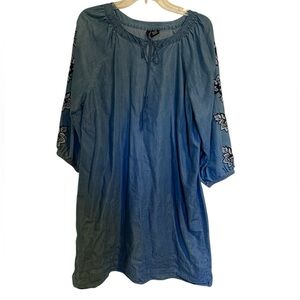 New Directions Chambray Denim Dress Embroidered Balloon Sleeves Size XL